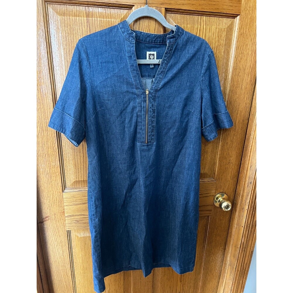 Anne Klein Chambray Denim Shirt Dress Gold Zipper Short Sleeve Size 6 New